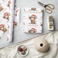 Santa Hat Highland Cow Script Merry Christmas Wrapping Paper