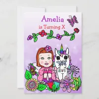 Red Haired Caucasian Fairy and Unicorn Birthday Invitation