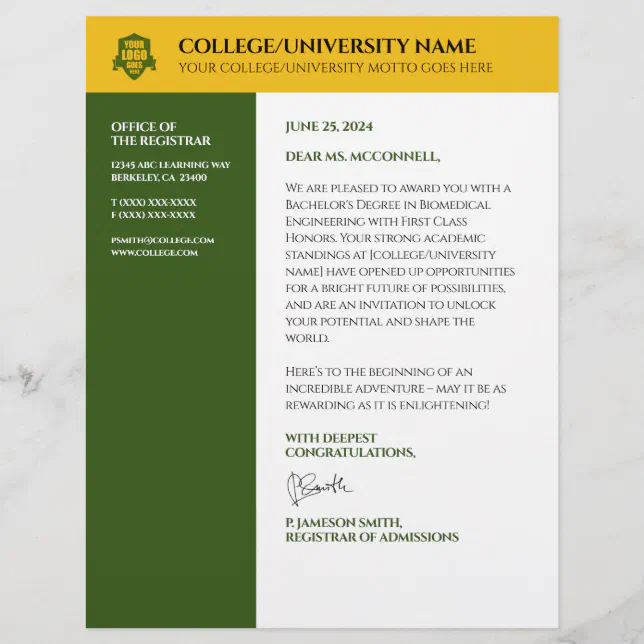 Green Gold School College University Letterhead