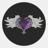 Goth Purple Heart with Angel Wings Classic Round Sticker