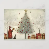 Village Christmas Tree and a Cat Postcard