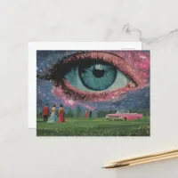 Surreal Retro People and Car with an Eye in Sky Postcard