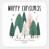 Cute Winter Woodland Pine Tree Family Christmas  Square Sticker