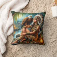 Native American Woman With Eagle by Tranquil Water Throw Pillow