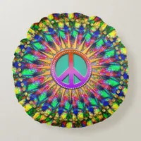 Psychedelic Sunshine Groovy Peace Energy Decor Round Pillow