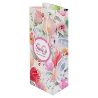 Birthday pink florals monogram name wine gift bag