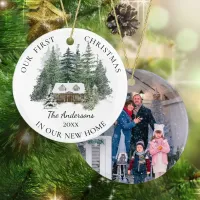 New Home Family Photo Rustic Pine Cabin Christmas Ceramic Ornament