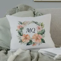 Girly Peach Fuzz Watercolor Floral Black Initials Throw Pillow