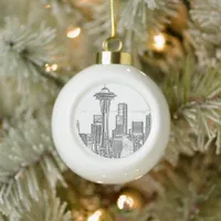 Minimalist Black and White Seattle Skyline Ceramic Ball Christmas Ornament