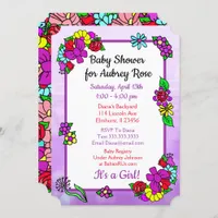 Whimsical Floral Girl's Baby Shower Purple, Red Invitation