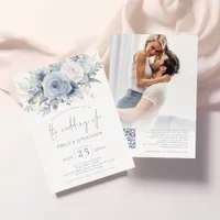 Dusty Blue Florals Photo QR Code Blue Text Wedding Invitation