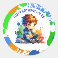 Boy Playing Video Games Personalized Birthday Classic Round Sticker