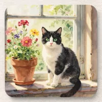 Watercolor Cat and Flowers on Window Sill Beverage Coaster