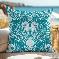Seahorse Teal Blue White Ocean Summer Outdoor Pillow
