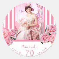 Birthday pink white stripes florals photo classic round sticker