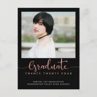 Trendy Rose Gold Foil Graduation Script Photo Announcement Postcard