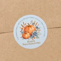 Dusty Blue Watercolor Thanksgiving Return Address Classic Round Sticker