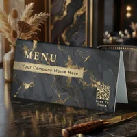 Luxury Black Agate Shiny Gold Marble Menu Qr Code Table Tent