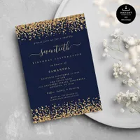 Gold Glitter Script Navy Blue Glam 70th Party Invitation