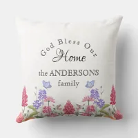 God Bless Our Home White Wildflower Family Name Throw Pillow