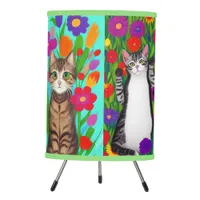 Folk Art Whimsical Style Cat and Flowers Tripod Lamp
