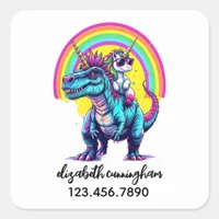 Unicorn Riding Dinosaur Rainbow Name school Square Sticker