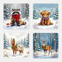 Cute Whimsical Animals Christmas   Coaster Set