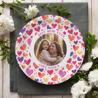 Colorful Watercolor Hearts Mother's Day Photo Paper Plates