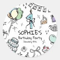 Hand Drawn 1st Birthday Classic Round Sticker