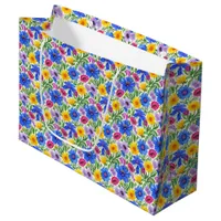 Vivid Blue Yellow Red Purple Flowers Pattern Large Gift Bag