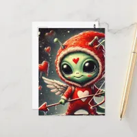 Valentine Cupid Green Alien Postcard