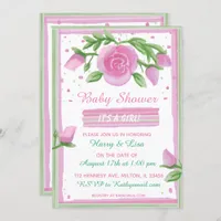 Pink and Sage Watercolor Roses Girl's Baby Shower Invitation