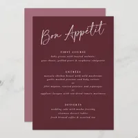 Bon Appétit Merlot Burgundy Handwriting Wedding Menu