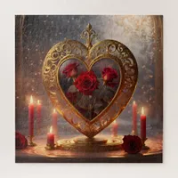 Victorian golden heart with red roses, vintage jigsaw puzzle