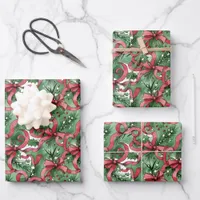 Evergreens Holly and Red Ribbons Wrapping Paper Sheets