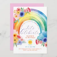 Floral Watercolor Rainbow 1st Birthday Invite