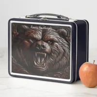 Roaring Grizzly Carved in Leather Metal Lunch Box