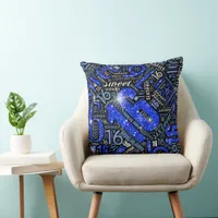 Sweet Sixteen Sparkle Word Cloud Blue Blk ID265 Throw Pillow