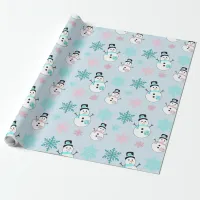 Snowmen and Snowflakes Teal and Pink Christmas Wrapping Paper