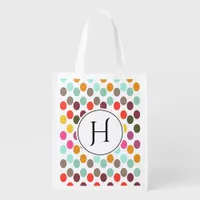 Polka dot pattern red blue white monogram grocery bag