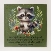 Raccoon Woodland Kids Christian Prayer on Green | Jigsaw Puzzle