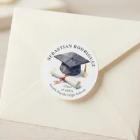 Classic Watercolor Graduation Cap Diploma Round Sticker