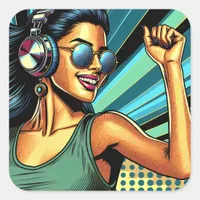 Pop Art Woman in Headphones Dancing Square Sticker