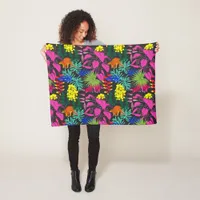 Brightly Colored Tropical Leaves Flowers Patterned Fleece Blanket