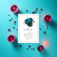 Turquoise & Burgundy Floral Wedding Photo QR Code Invitation