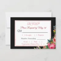 Black PInk Roses Floral Striped  Wedding RSVP card