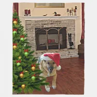 Santa Hat German Shepherd Dog by Christmas Tree Fleece Blanket