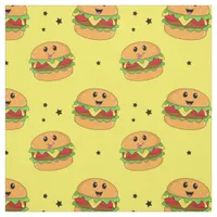 Cute Kawaii Cheeseburger Pattern on Yellow Fabric