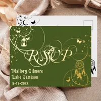 Green Flourish Typography Gilded Boho Wedding RSVP Foil Invitation Postcard