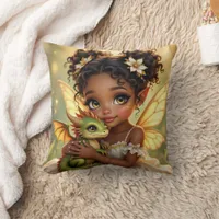 Cute Anime Fairy Girl and Chibi Dragon Throw Pillow